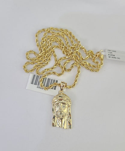 10k 2.5mm Rope Chain Jesus Head Pendant 18" - 30" Yellow Gold Set Charm Necklace - Reva Jeweler