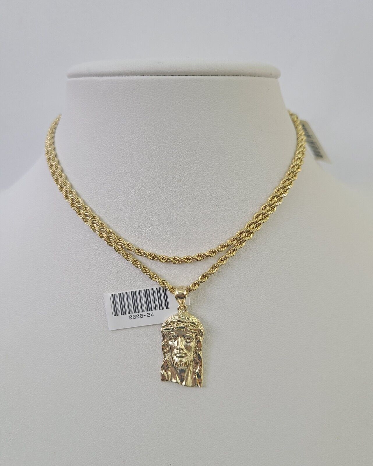 10k 2.5mm Rope Chain Jesus Head Pendant 18" - 30" Yellow Gold Set Charm Necklace - Reva Jeweler