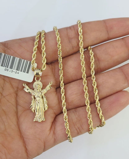 10k 2.5mm Rope Chain Jesus Pendant 18" - 30" Yellow Gold Set Charm Necklace - Reva Jeweler