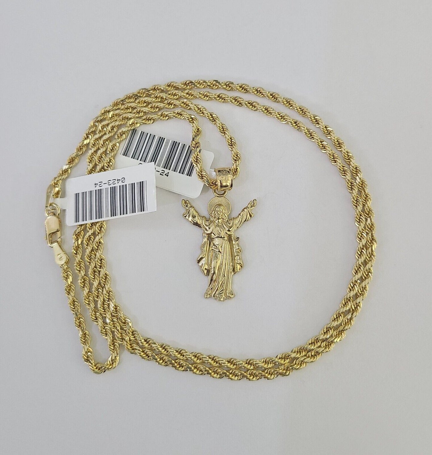 10k 2.5mm Rope Chain Jesus Pendant 18" - 30" Yellow Gold Set Charm Necklace - Reva Jeweler