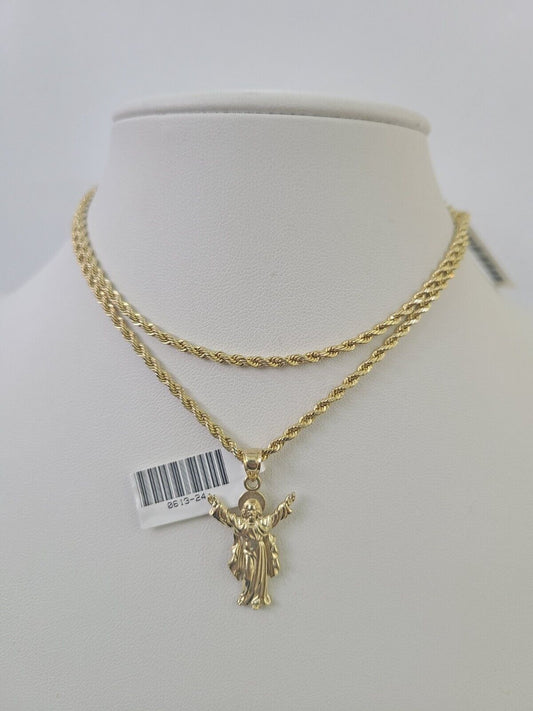 10k 2.5mm Rope Chain Jesus Pendant 18" - 30" Yellow Gold Set Charm Necklace - Reva Jeweler