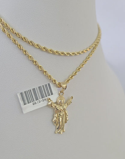 10k 2.5mm Rope Chain Jesus Pendant 18" - 30" Yellow Gold Set Charm Necklace - Reva Jeweler
