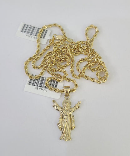 10k 2.5mm Rope Chain Jesus Pendant 18" - 30" Yellow Gold Set Charm Necklace - Reva Jeweler