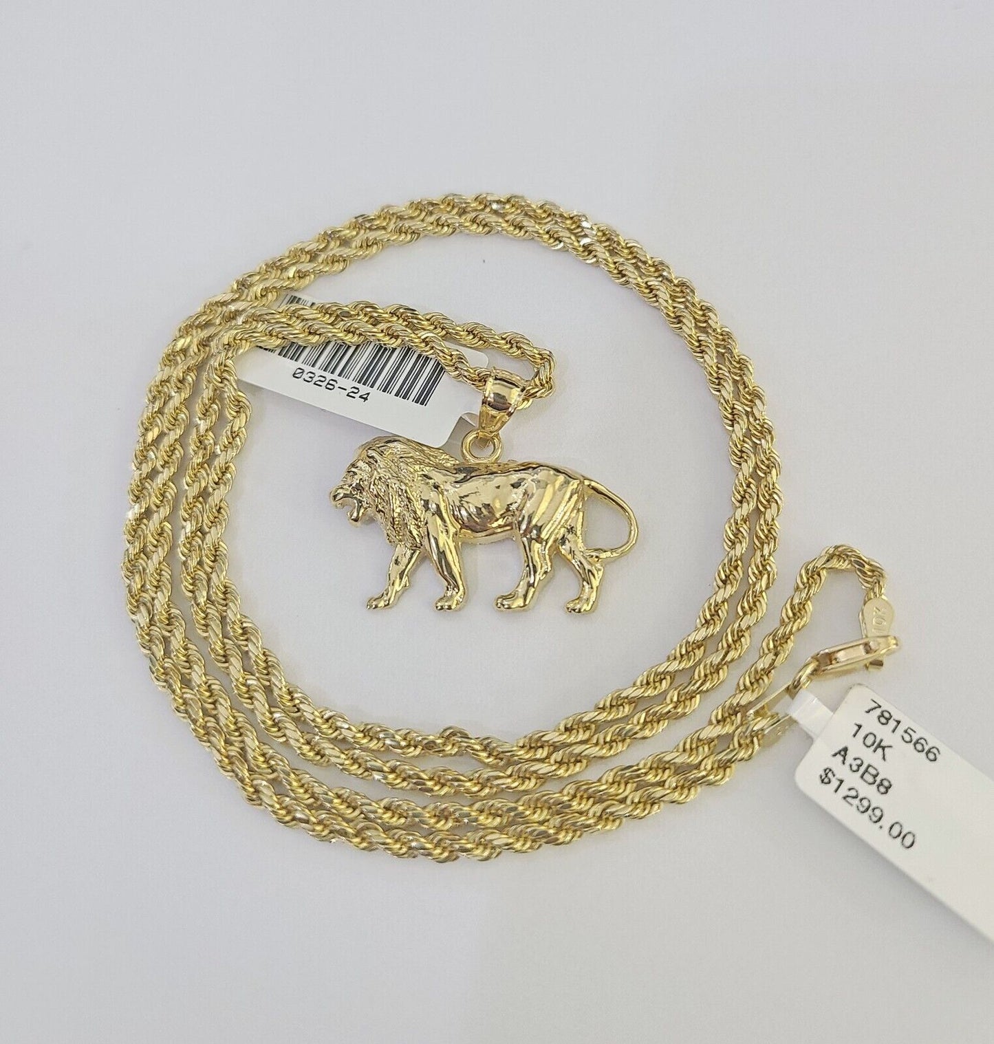 10k 2.5mm Rope Chain Lion Pendant 18" - 30" Yellow Gold Set Charm Necklace - Reva Jeweler