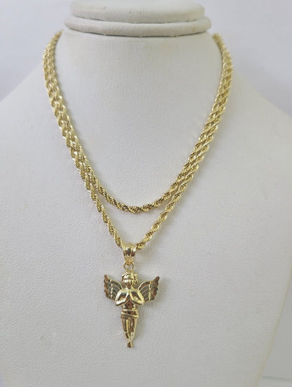 10k 2.5mm Rope Chain Praying Angel Pendant 18" - 30 Yellow Gold Set Charm Necklace - GoldenlinQ