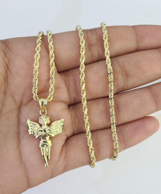 10k 2.5mm Rope Chain Praying Angel Pendant 18" - 30 Yellow Gold Set Charm Necklace - GoldenlinQ