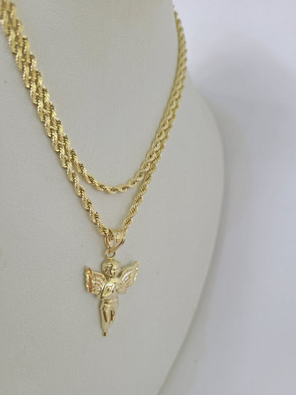10k 2.5mm Rope Chain Praying Angel Pendant 18" - 30 Yellow Gold Set Charm Necklace - GoldenlinQ