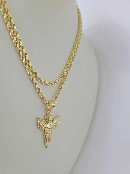 10k 2.5mm Rope Chain Praying Angel Pendant 18" - 30 Yellow Gold Set Charm Necklace - GoldenlinQ
