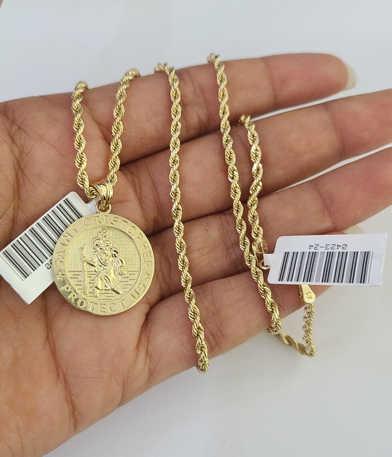 10k 2.5mm Rope Chain Saint Christopher Pendant 18" - 30" Gold Set Charm Necklace - Reva Jeweler