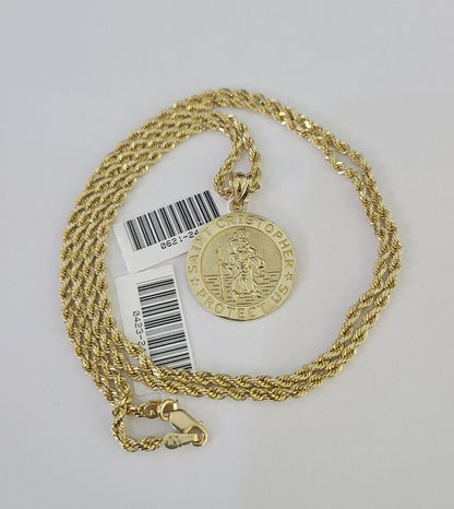 10k 2.5mm Rope Chain Saint Christopher Pendant 18" - 30" Gold Set Charm Necklace - Reva Jeweler