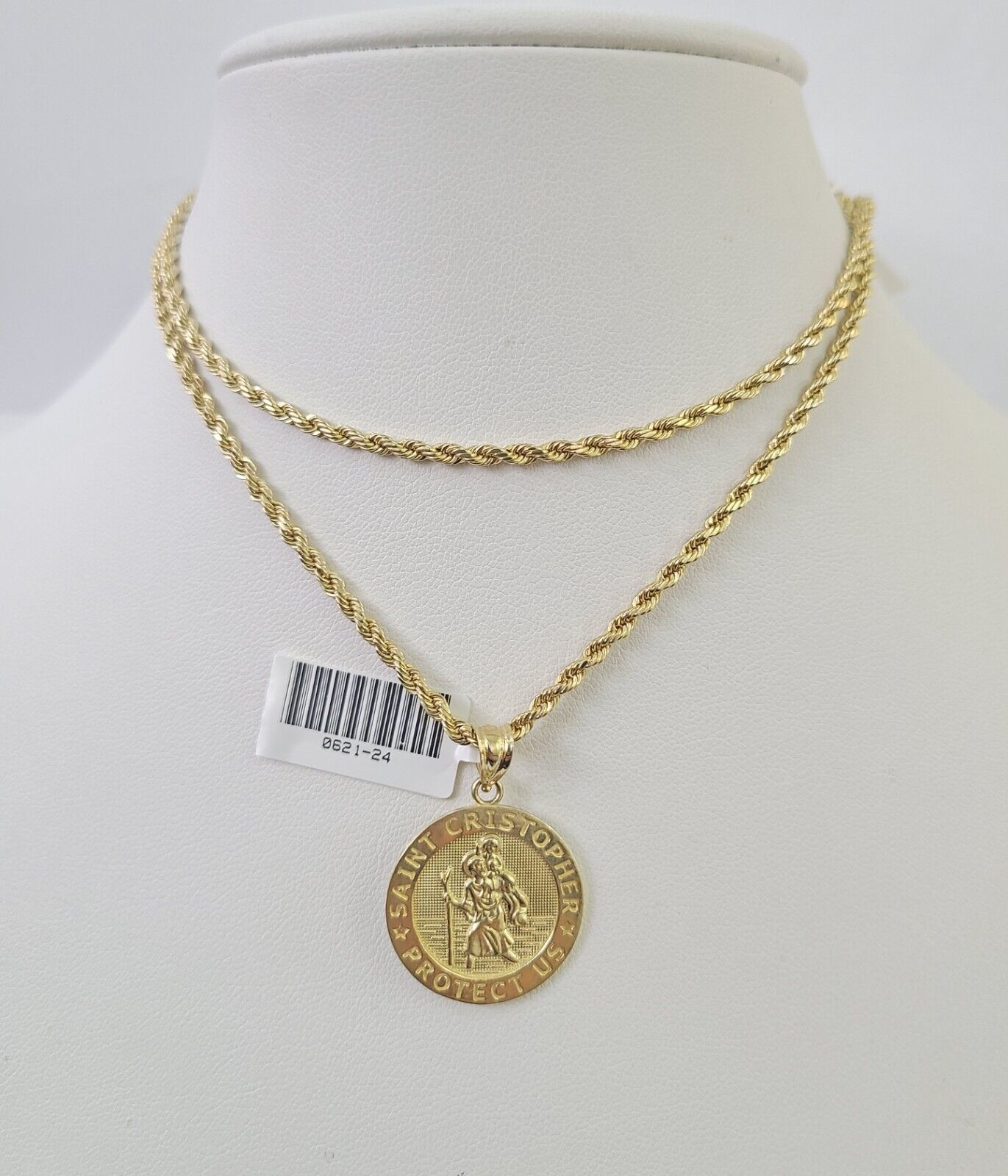10k 2.5mm Rope Chain Saint Christopher Pendant 18" - 30" Gold Set Charm Necklace - Reva Jeweler