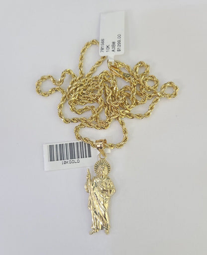 10k 2.5mm Rope Chain Saint Jude Pendant 18" - 30" Gold Set Charm Necklace - Reva Jeweler