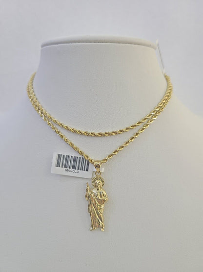 10k 2.5mm Rope Chain Saint Jude Pendant 18" - 30" Gold Set Charm Necklace - Reva Jeweler