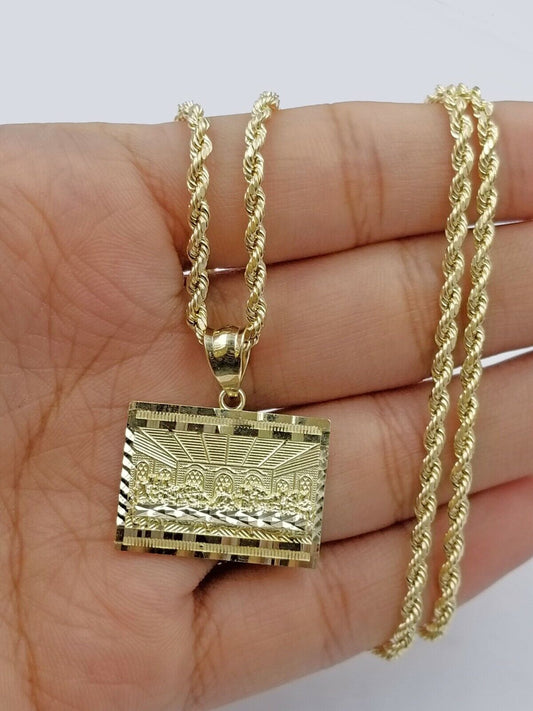 10k 2.5mm Rope Gold Last supper Charm Pendant Chain 18" 20" 22" 24" 26" 28" - Reva Jeweler