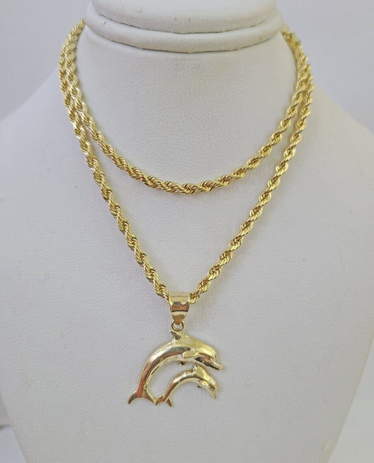 10k 3mm Rope Chain Dolphin Pendant 18" 20" 22" 24" 26" 28" 30" Gold Set Charm - GoldenlinQ
