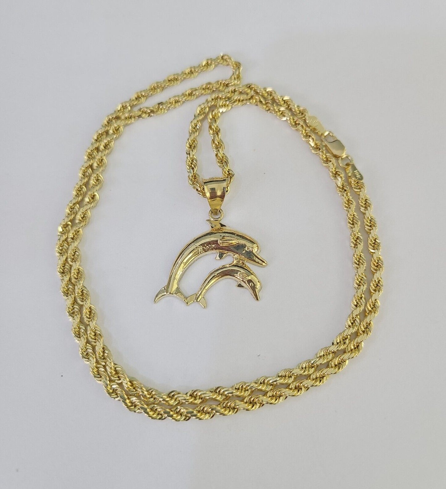 10k 3mm Rope Chain Dolphin Pendant 18" 20" 22" 24" 26" 28" 30" Gold Set Charm - GoldenlinQ