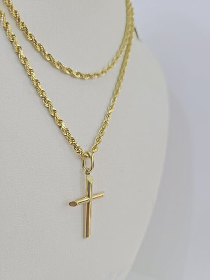 10k 3mm Rope Chain Jesus Cross Pendant 18" - 30" Yellow Gold Set Charm Necklace - GoldenlinQ