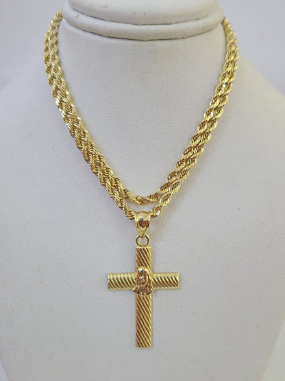 10k 3mm Rope Chain Jesus Cross Pendant 18" - 30" Yellow Gold Set Charm Necklace - GoldenlinQ