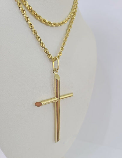 10k 3mm Rope Chain Jesus Cross Pendant 18" - 30" Yellow Gold Set Charm Necklace - GoldenlinQ
