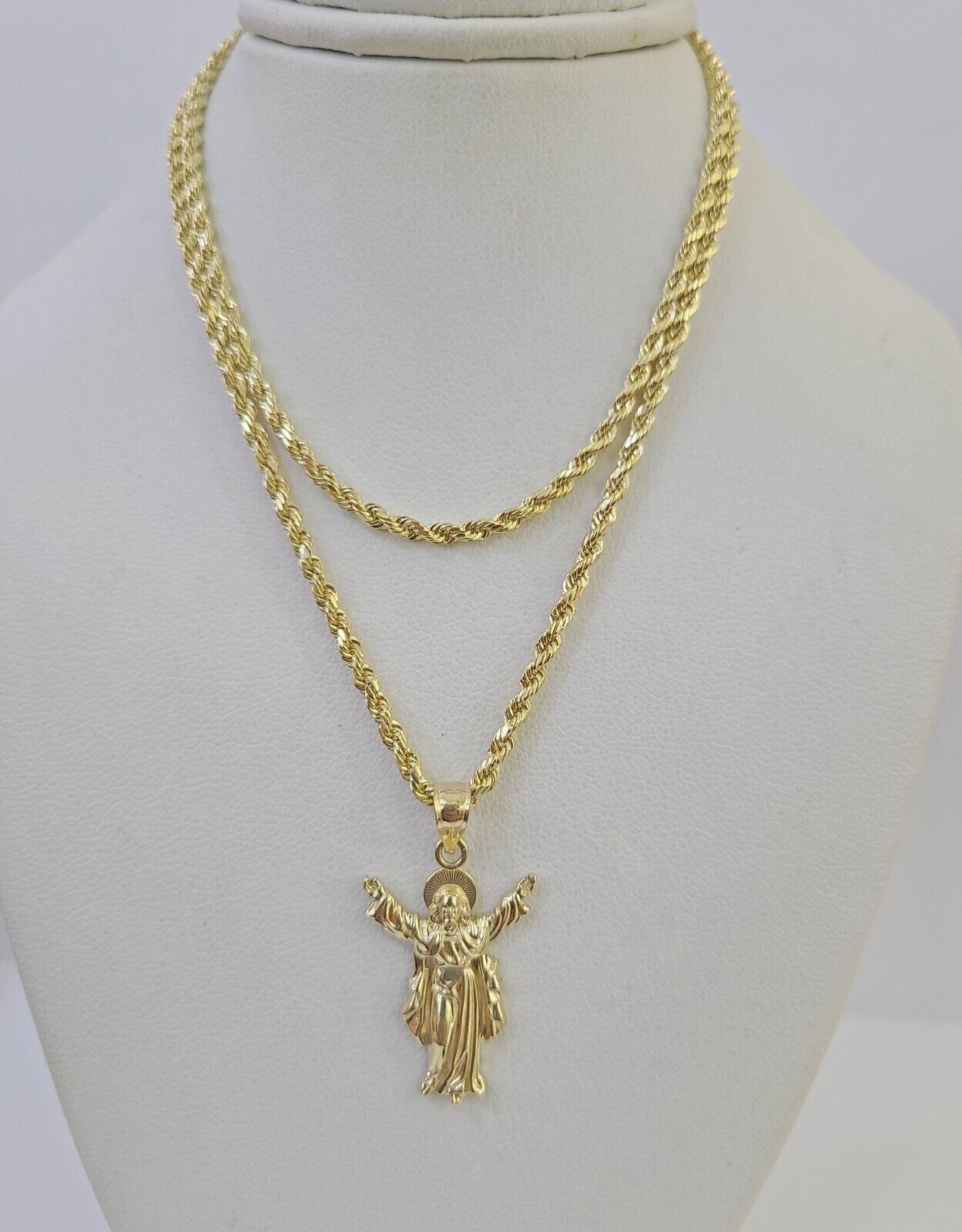10k 3mm Rope Chain Jesus Full Body Pendant 18" - 30" Gold Set Charm Necklace - GoldenlinQ