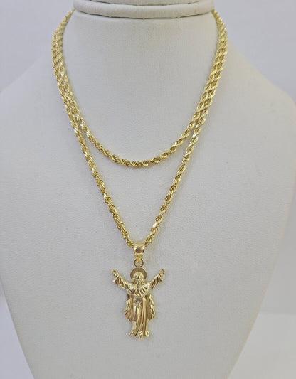 10k 3mm Rope Chain Jesus Full Body Pendant 18" - 30" Gold Set Charm Necklace - GoldenlinQ