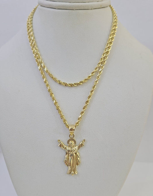 10k 3mm Rope Chain Jesus Full Body Pendant 18" - 30" Gold Set Charm Necklace - GoldenlinQ