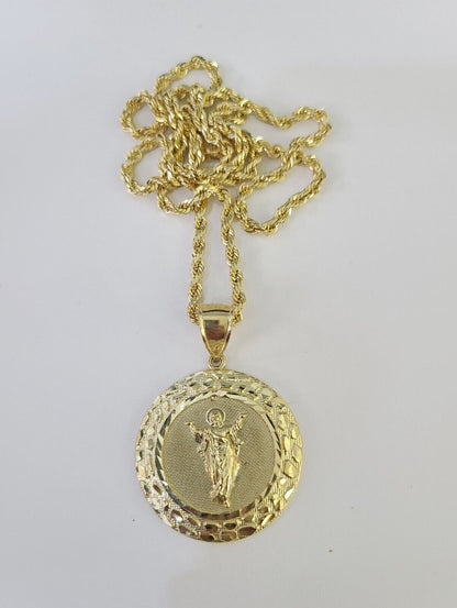 10k 3mm Rope Chain Nugget Medallion Guadalupe Pendant 18" - 30" Set Charm Necklace - GoldenlinQ