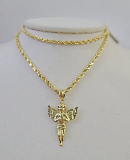 10k 3mm Rope Chain Praying Angel Pendant 18" - 30" Yellow Gold Set Charm Necklace - GoldenlinQ