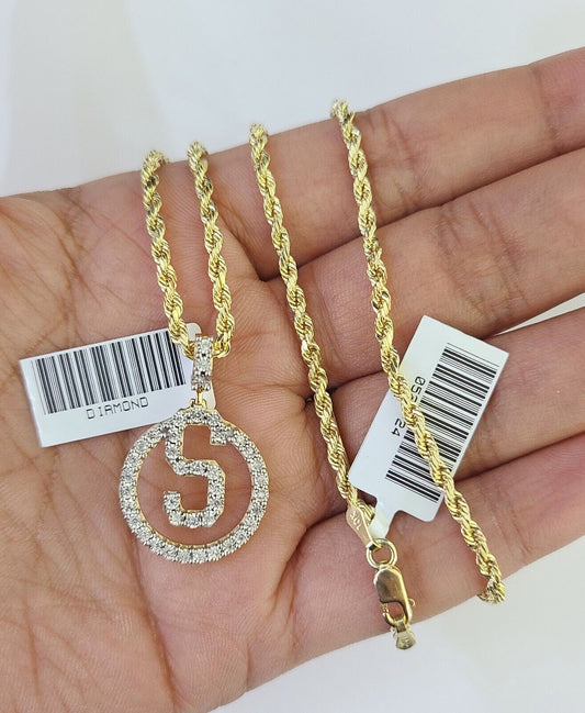 10k 3mm Rope Chain S Diamond Pendant Alphabet 18" - 30" Gold Set Charm Necklace - GoldenlinQ