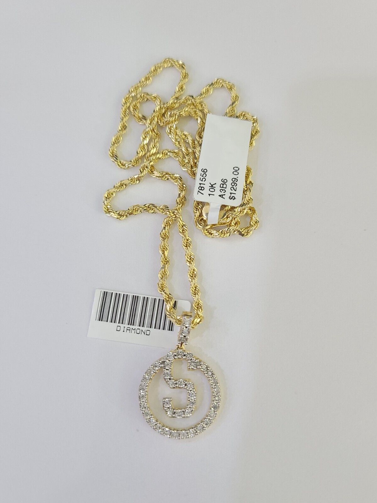10k 3mm Rope Chain S Diamond Pendant Alphabet 18" - 30" Gold Set Charm Necklace - GoldenlinQ