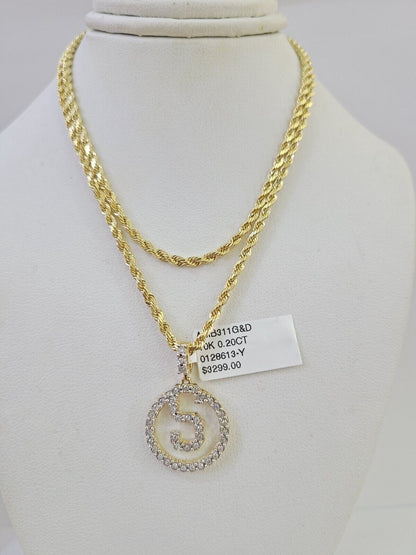 10k 3mm Rope Chain S Diamond Pendant Alphabet 18" - 30" Gold Set Charm Necklace - GoldenlinQ