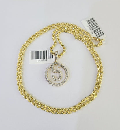 10k 3mm Rope Chain S Diamond Pendant Alphabet 18" - 30" Gold Set Charm Necklace - GoldenlinQ