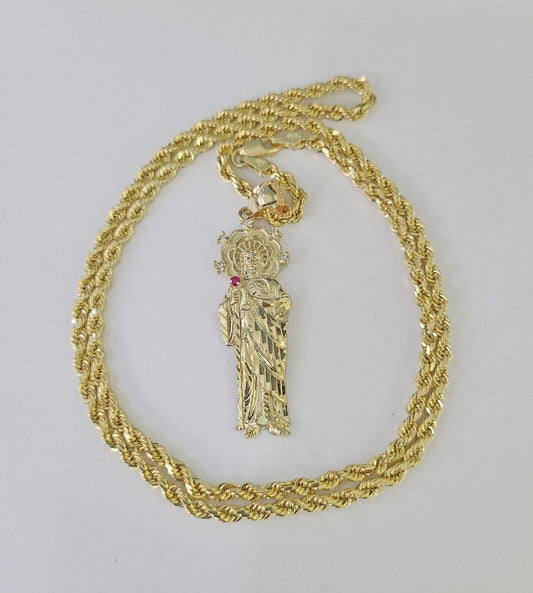 10k 3mm Rope Chain Saint Jude Pendant 18" - 30" Yellow Gold Set Charm Necklace - GoldenlinQ