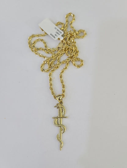 10k 3mm Rope Chain Snake Sword Pendant 18" - 30" Yellow Gold Set Charm Necklace - GoldenlinQ