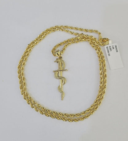 10k 3mm Rope Chain Snake Sword Pendant 18" - 30" Yellow Gold Set Charm Necklace - GoldenlinQ