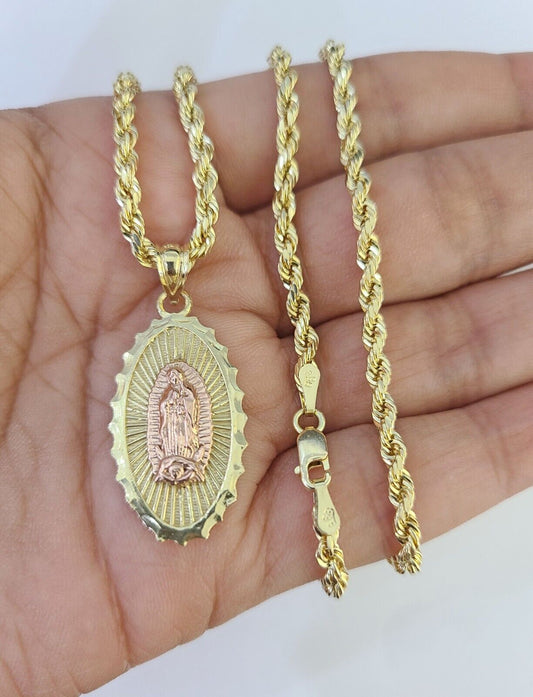 10k 3mm Rope Chain Virgin Mary Pendant 18" - 30" Yellow Gold Set Charm Necklace - GoldenlinQ