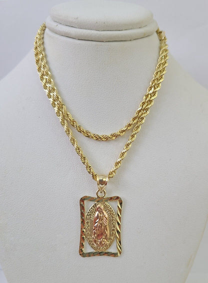 10k 3mm Rope Chain Virgin Mary Pendant 18" - 30" Yellow Gold Set Charm Necklace - GoldenlinQ