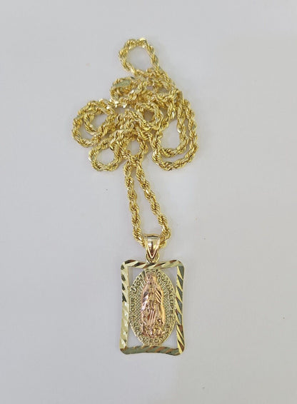 10k 3mm Rope Chain Virgin Mary Pendant 18" - 30" Yellow Gold Set Charm Necklace - GoldenlinQ