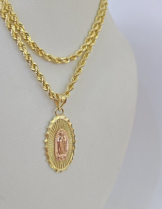 10k 3mm Rope Chain Virgin Mary Pendant 18" - 30" Yellow Gold Set Charm Necklace - GoldenlinQ