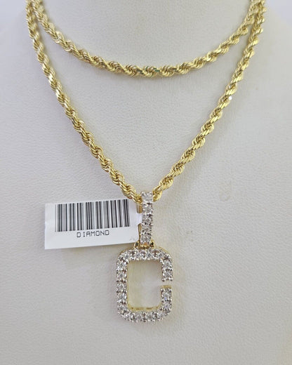 10k 3mm Rope Solid Chain C Diamond Pendant Alphabet 18" - 28" Gold Charm Necklace - GoldenlinQ