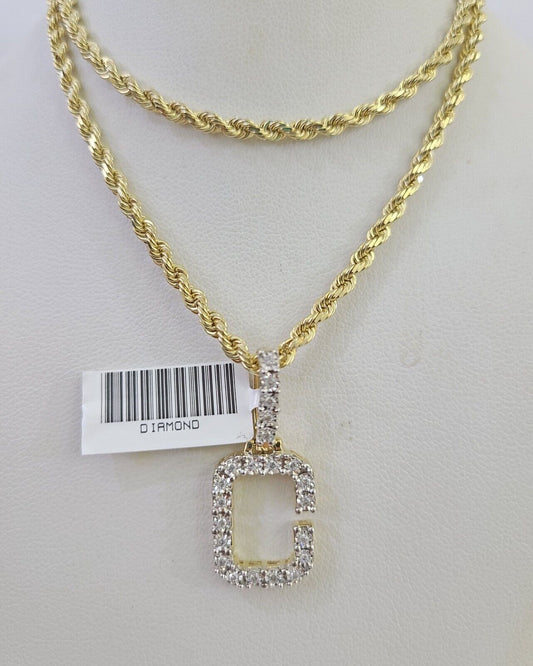 10k 3mm Rope Solid Chain C Diamond Pendant Alphabet 18" - 28" Gold Charm Necklace - GoldenlinQ