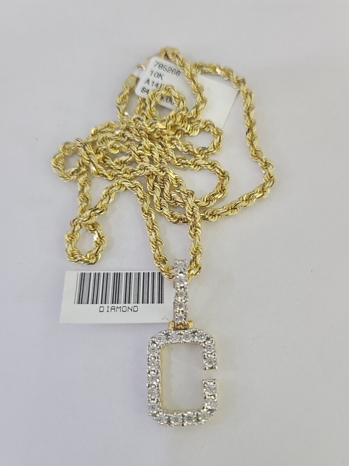 10k 3mm Rope Solid Chain C Diamond Pendant Alphabet 18" - 28" Gold Charm Necklace - GoldenlinQ