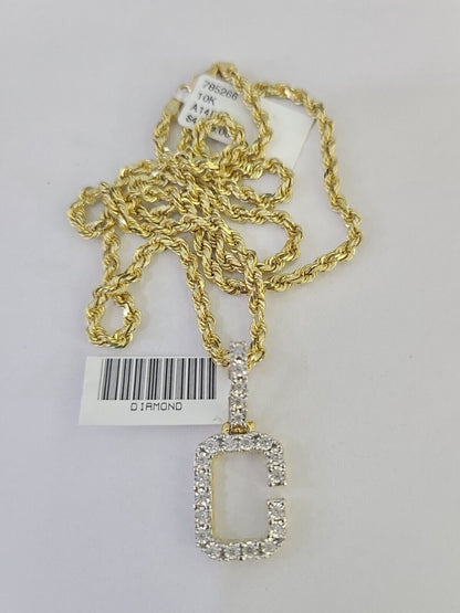 10k 3mm Rope Solid Chain C Diamond Pendant Alphabet 18" - 28" Gold Charm Necklace - GoldenlinQ