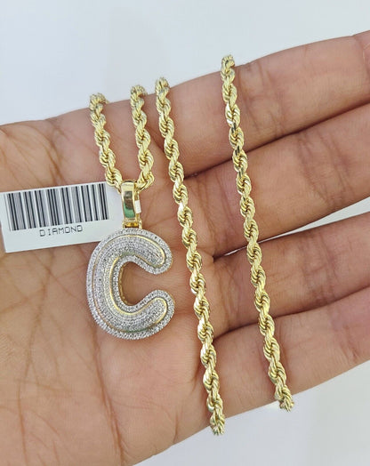 10k 3mm Rope Solid Chain C Diamond Pendant Alphabet 18" - 28" Gold Charm Necklace - GoldenlinQ