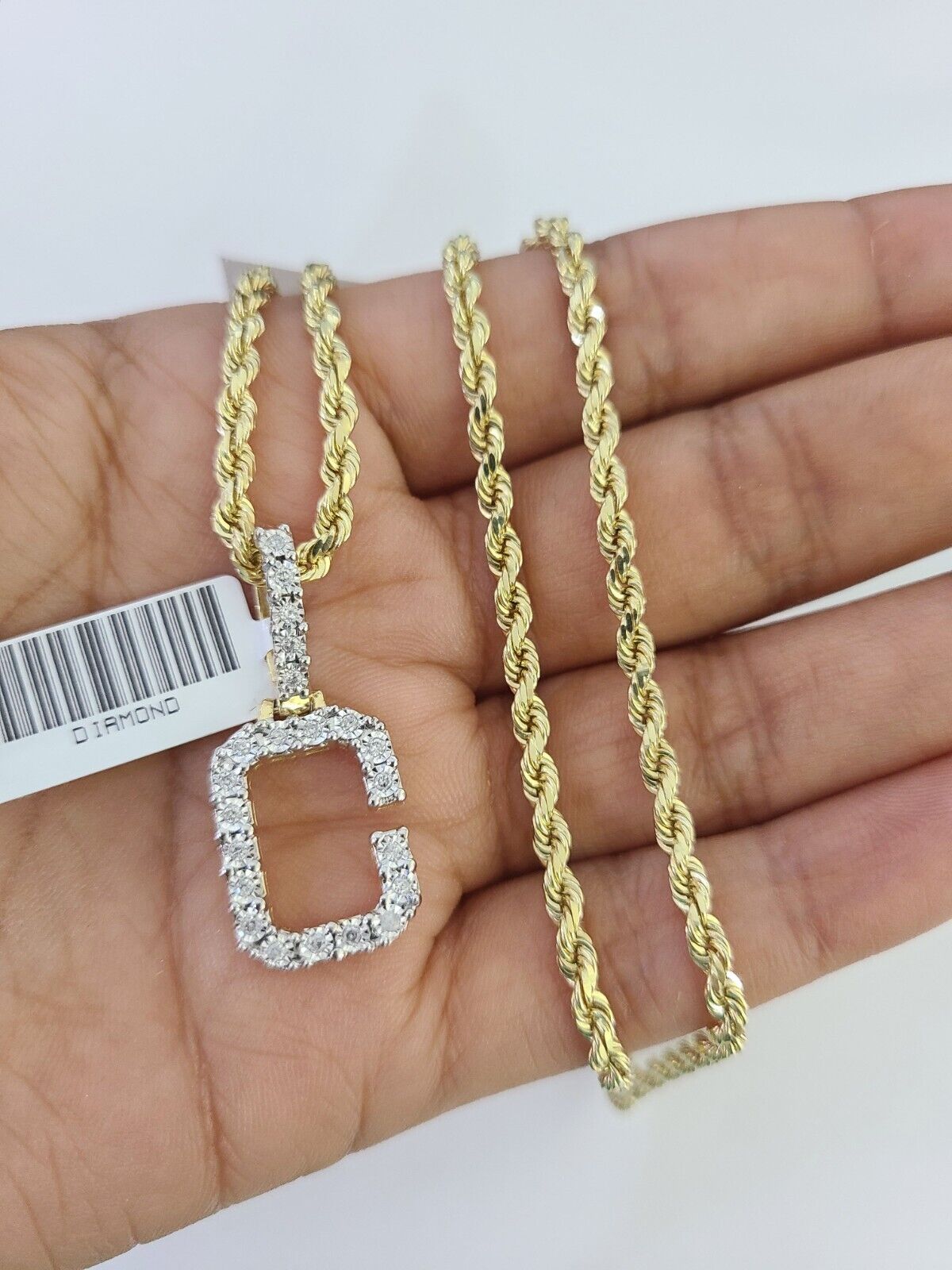 10k 3mm Rope Solid Chain C Diamond Pendant Alphabet 18" - 28" Gold Charm Necklace - GoldenlinQ