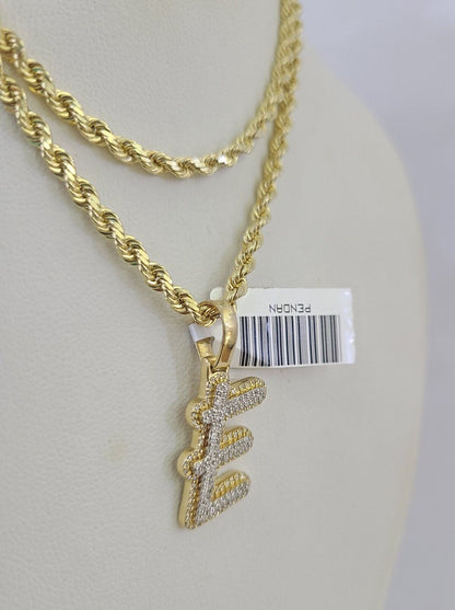 10k 3mm Rope Solid Chain E Diamond Pendant Alphabet 18" - 28" Gold Charm Necklace - GoldenlinQ