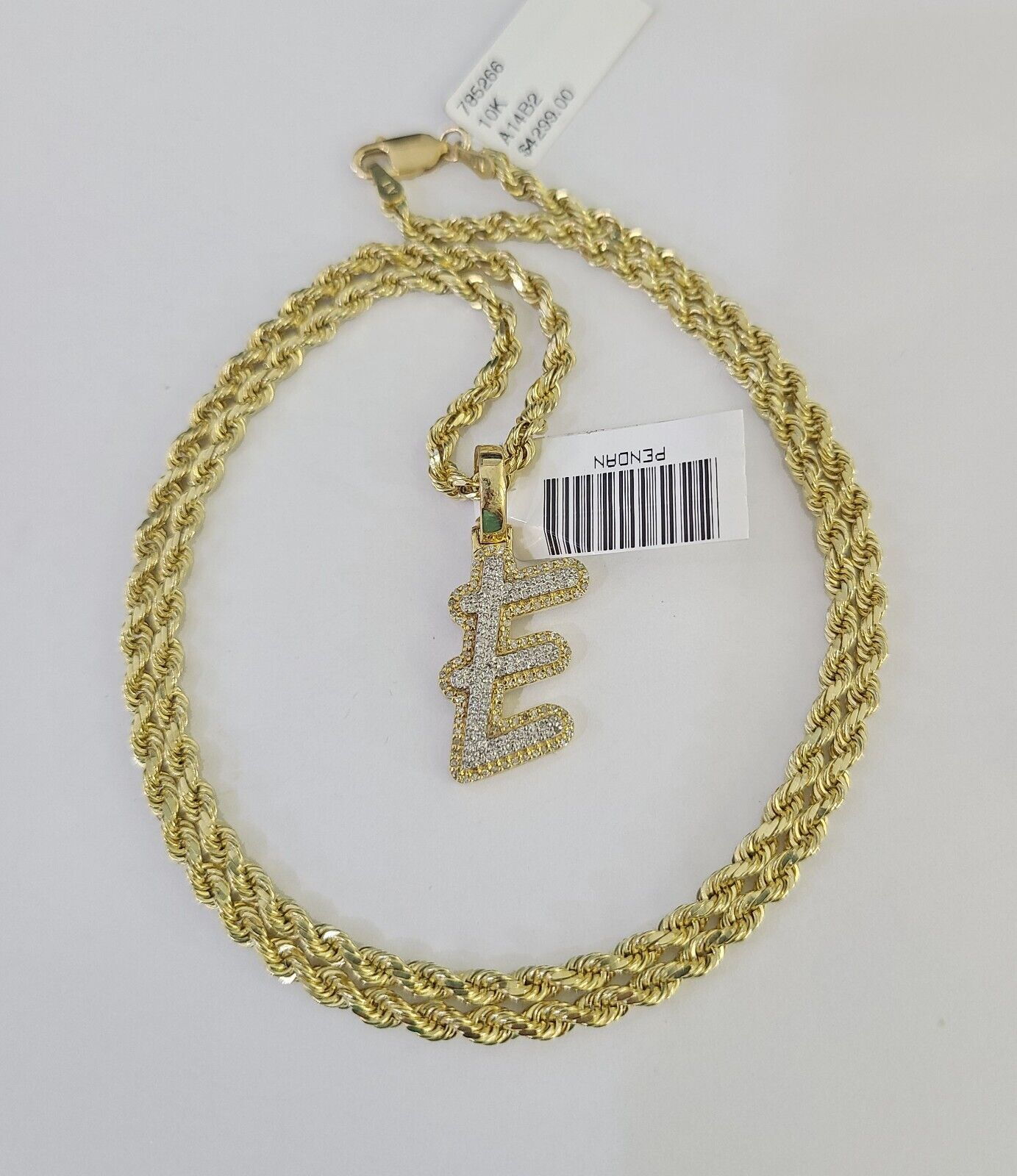 10k 3mm Rope Solid Chain E Diamond Pendant Alphabet 18" - 28" Gold Charm Necklace - GoldenlinQ