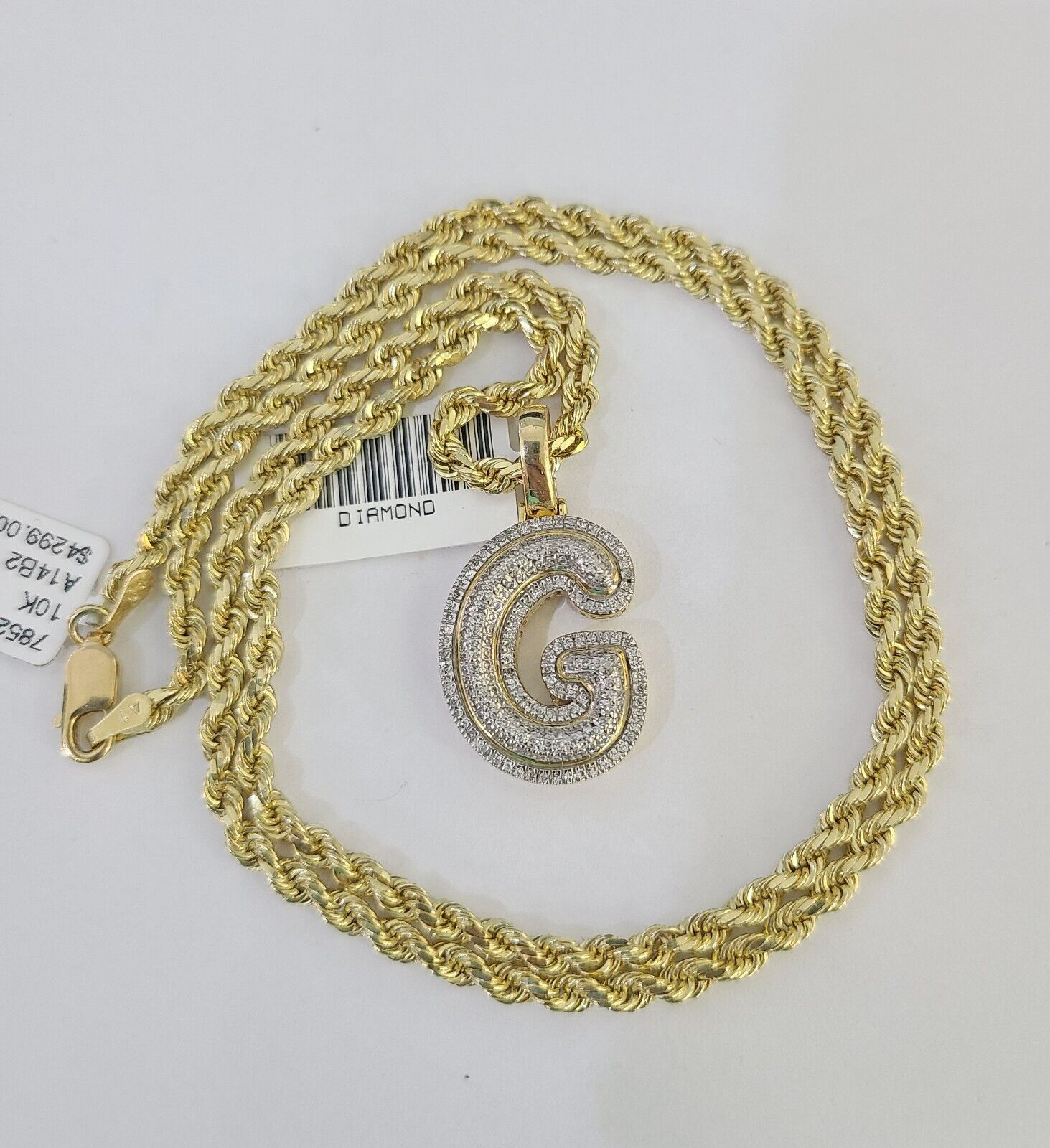 10k 3mm Rope Solid Chain G Diamond Pendant Alphabet 18" - 28" Gold Charm Necklace - GoldenlinQ