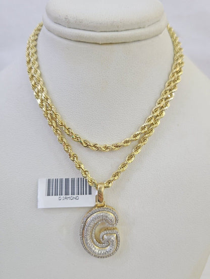 10k 3mm Rope Solid Chain G Diamond Pendant Alphabet 18" - 28" Gold Charm Necklace - GoldenlinQ