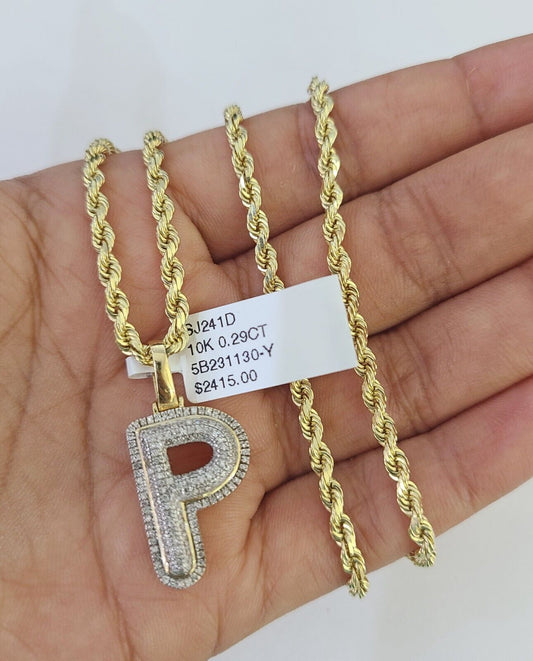 10k 3mm Rope Solid Chain P Diamond Pendant Alphabet 18" - 28" Gold Charm Necklace - GoldenlinQ